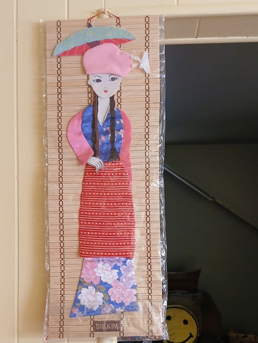 Handmade Bamboo Textile Wall Hanging - Pink & Red Decorative Doll